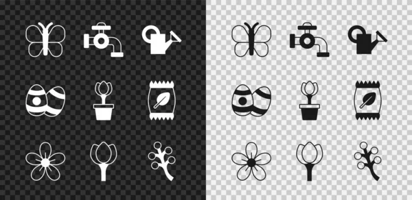 Set Butterfly, Water tap, Watering can, Flower, tulip, Blossom tree branch, Easter egg and pot icon. Vector — Stock Vector