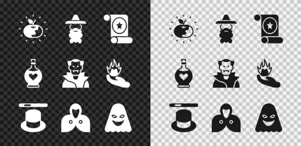 Set Poison apple, Wizard warlock, Magic scroll, hat and wand, Mantle, cloak, cape, Ghost, Bottle with love potion and Vampire icon. Vector — Stock Vector