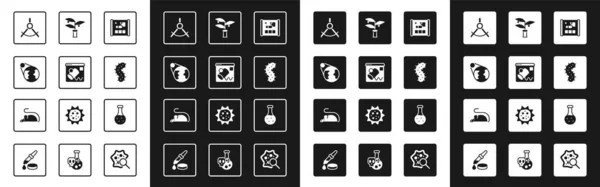 Set Papel gráfico para ingeniería, visualización de datos, globo terráqueo, brújula de dibujo, virus, fitomejoramiento, tubo de ensayo e icono del ratón experimental. Vector — Archivo Imágenes Vectoriales