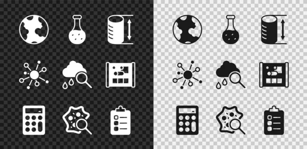 Erde Globus, Reagenzglas, Höhe geometrische Figur, Taschenrechner, Mikroorganismen unter Lupe, To do List Planning, Molekül und Wolke mit Regen-Symbol. Vektor — Stockvektor