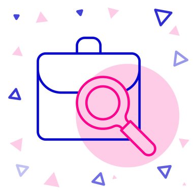 Beyaz arka planda izole edilmiş evrak çantası simgesi olan çizgi büyüteç. İş arıyorum. İş arama konsepti. İşsizlik, kelle avcılığı, kariyer. Renkli taslak konsepti. Vektör