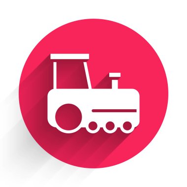 Uzun gölgeli beyaz oyuncak tren ikonu izole edildi. Kırmızı daire düğmesi. Vektör