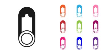 Siyah bebek kıyafetleri beyaz arka planda izole edilmiş iğne simgesi. Klasik kapalı çelik çengelli iğne. Simgeleri renklendirin. Vektör