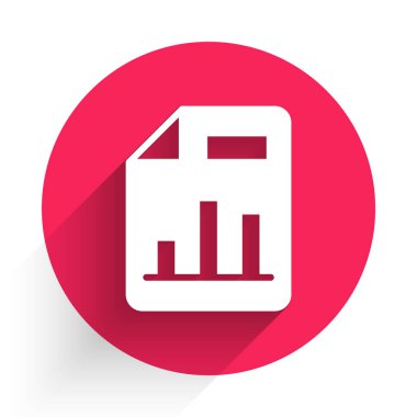 Grafik çizelgesi simgesine sahip beyaz belge uzun gölge arkaplanı ile izole edildi. Metin dosya simgesini rapor et. Muhasebe tabelası. Denetim, analiz, planlama. Kırmızı daire düğmesi. Vektör
