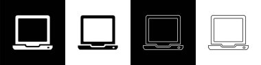 Laptop simgesini siyah beyaz arkaplanda izole et. Boş ekran işaretli bilgisayar defteri. Vektör
