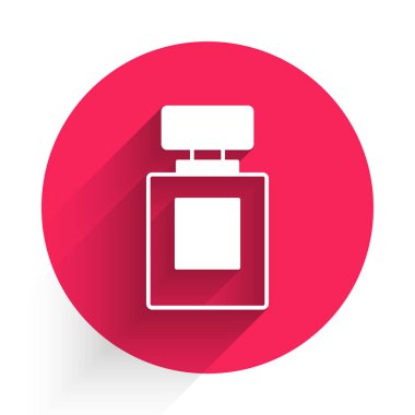 Uzun gölgeli beyaz parfüm ikonu izole edildi. Kırmızı daire düğmesi. Vektör