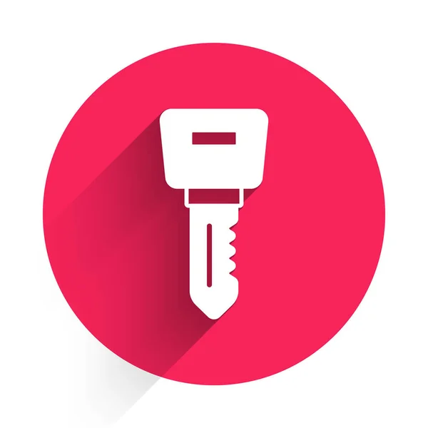 Icono de llave de cerradura de puerta blanca hotel aislado con fondo de sombra larga. Botón círculo rojo. Vector — Archivo Imágenes Vectoriales