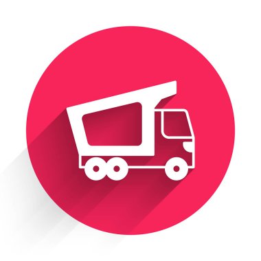 Beyaz kargo kamyonu ikonu uzun gölgeli arka planda izole edildi. Kırmızı daire düğmesi. Vektör