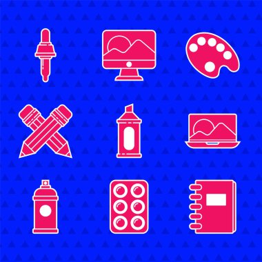 İşaretleyici kalem, kutudaki suluboya boyalar, Spiral defter, dizüstü bilgisayar, boya spreyi, silgiyle çapraz kalem, Palet ve Pipette simgesi. Vektör