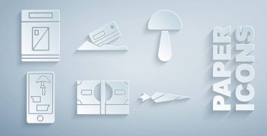 Stacks kağıt para, Psilocybin mantarı, çevrimiçi uyuşturucu telefonu, marihuana dükkanı, kokain ve kredi kartı ve sigara kutusu ikonu al. Vektör