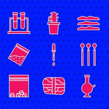 Pipette, kokain paketi, esrar, kibrit, plastik torba uyuşturucu, kokain ve test tüpü ve matara ikonu içmek için cam bong. Vektör