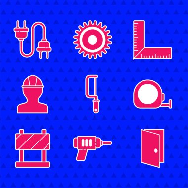 Demir testeresi, elektrikli matkap, kapalı kapı, rulet inşaatı, yol bariyeri, işçi kaskı, köşe cetveli ve fiş ikonu. Vektör