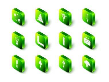 Trafik konisi, elektrikli döner çekiç matkabı, elektrikli testere, alet kutusu, işçi kaskı, cetvel, Trowel ve ikon ayarlayın. Vektör