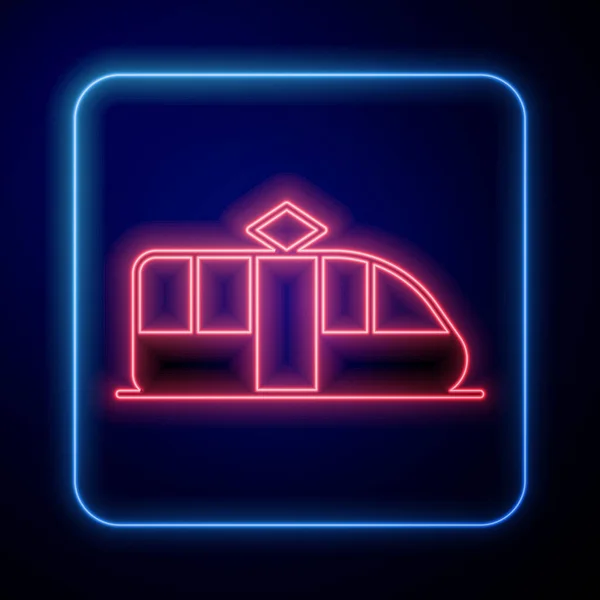 Icona luminosa al neon Tram e ferrovia isolata su sfondo nero. Simbolo dei trasporti pubblici. Vettore — Vettoriale Stock