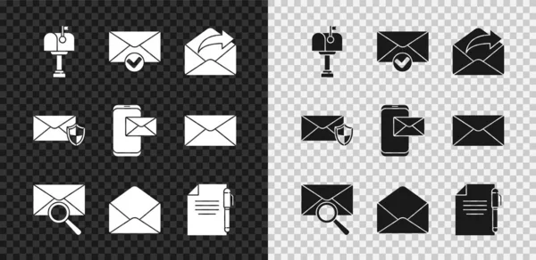 Set Postvak, Envelop en vinkje, Uitgaande post, met vergrootglas, Document pen, schild en Mobiele envelop pictogram. Vector — Stockvector