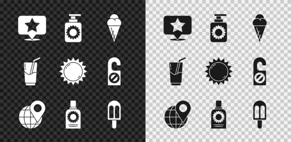Set Kartenzeiger mit Stern, Sonnencreme Sprühflasche, Eiswaffelkegel, Standort der Welt, Cocktail und Alkoholgetränk und Symbol. Vektor — Stockvektor