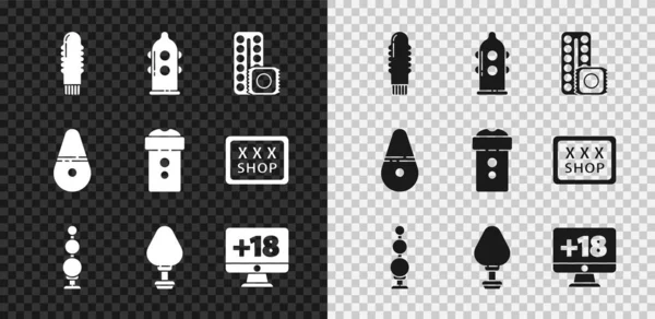 Set Dildo vibrator, Condom, Birth control pills and condom, Anal beads, plug, Monitor with 18 plus content, and Vagina masturbator icon. Vector — Stock Vector