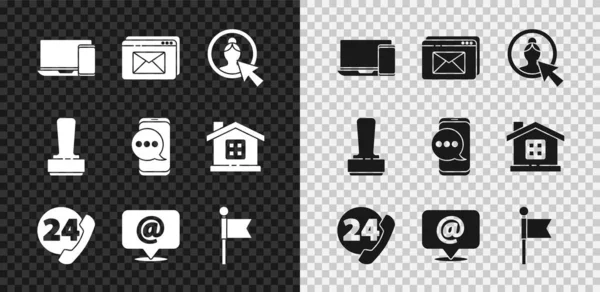 Beállítás Monitor és telefon, Weboldal boríték, Fiókképernyő létrehozása, Telefon 24 órás támogatás, Levél e-mail, Helyzetjelző, Bélyegző és Chat üzenetek értesítő ikon. Vektor — Stock Vector