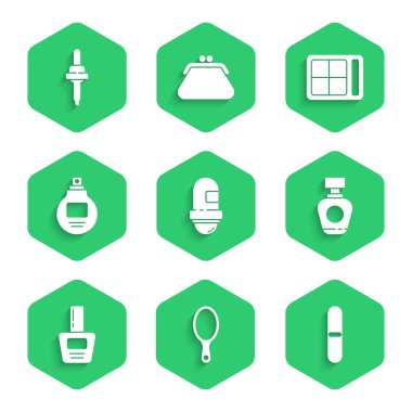 Terleme önleyici deodorant rulo, el aynası, tırnak törpüsü, parfüm, cila şişesi, göz farı paleti ve Pipette ikonu. Vektör