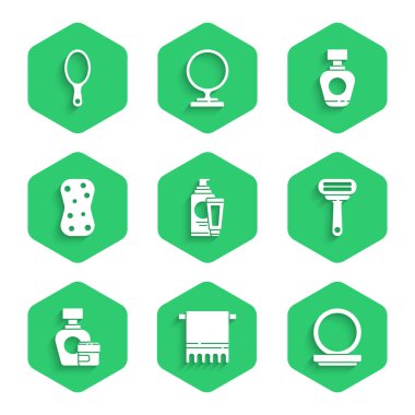 Krem veya losyon kozmetik tüpü, havlu askısı, aynalı makyaj tozu tıraş bıçağı, sünger köpüğü, parfüm ve el ikonu. Vektör