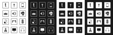 Akıllı telefon, cep telefonu, hoparlör sesi, klavye, mikrofon, yazıcı, elektrik prizi, uzaktan kumanda ve şarj simgesi ayarla. Vektör