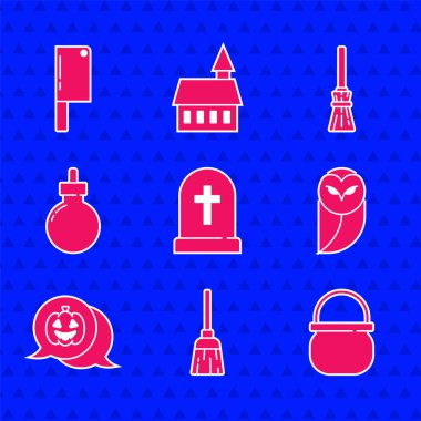 Tombstone 'a haç, cadı süpürgesi, cadılar bayramı cadı kazanı, baykuş, balkabağı, bomba patlamaya hazır ve et helikopter ikonu koyun. Vektör