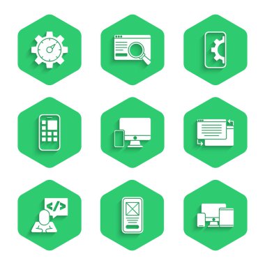 Monitör ve mobil, UI UX tasarımı, Monitor, tablet, Front end geliştirme, Mobil Uygulamalar, Web ve Web sitesi istatistik simgesini ayarla. Vektör