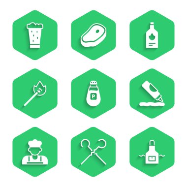 Biber, barbekü şişi, mutfak önlüğü, ketçap şişesi, Cook, ateşle yanan kibrit, acı sos ve bir bardak bira ikonu. Vektör