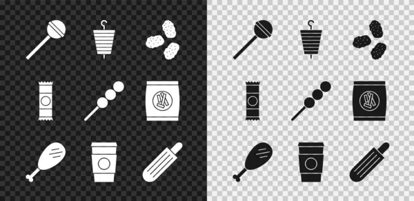 Set piruleta, shish kebab a la parrilla, pepitas de pollo, pierna, taza de café para llevar, hot dog francés, barra de chocolate y albóndigas en el icono de palo de madera. Vector — Vector de stock