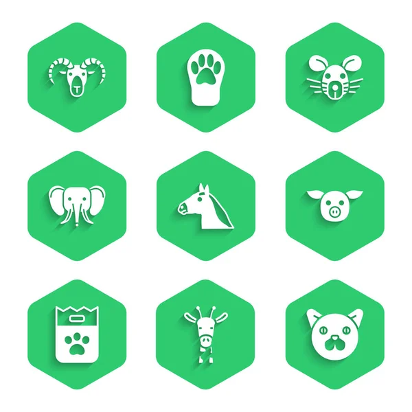 Set Horse head, Giraffe, Cat, Pig, Bag of food, Elephant, Rat and Head goat ram icon. Vector — Stock Vector