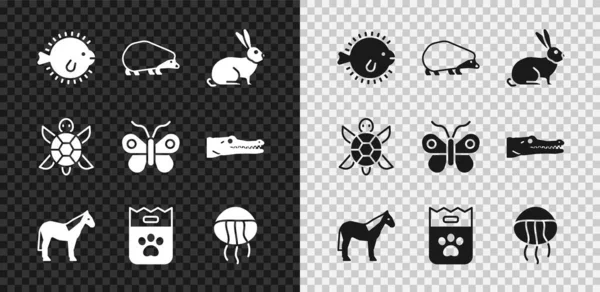 Set Puffer fish, Hedgehog, Rabbit, Horse, Bag of food, Jellyfish, Turtle and Butterfly icon. Vector — Stock Vector