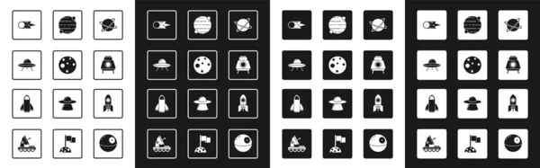 Establezca satélites orbitando el planeta, planeta Marte, nave espacial UFO, cometa cayendo rápidamente, rover, cohete e icono. Vector — Archivo Imágenes Vectoriales