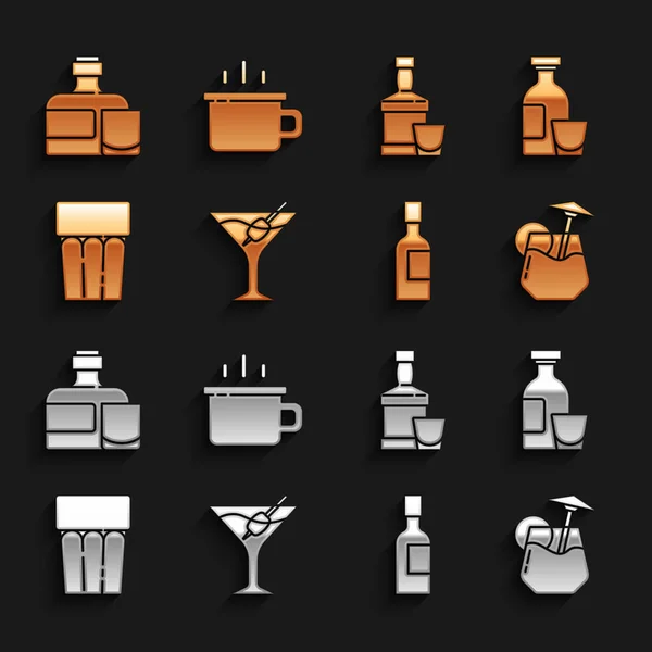 Set vaso Martini, bebida alcohólica Ron, cóctel, botella de champán, vaso con agua, whisky e icono de taza de café. Vector — Vector de stock