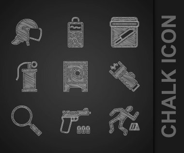 Güvenli, Tabanca ya da silah, olay yeri, elektrik şoku, arama ile büyüteç, el bombası, kanıt çantası bıçağı ve kask ikonu. Vektör