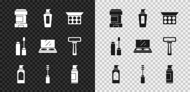 Terleme önleyici deodorant rulo, şampuan şişesi aynalı makyaj tozu, saç spreyi için sprey kutusu, Mascara fırçası ve ikon. Vektör