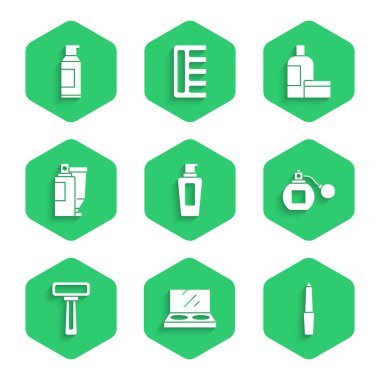 Şampuan şişesi, aynalı makyaj tozu, tırnak törpüsü, parfüm, tıraş bıçağı, krem losyon tüpü ve saç spreyi ikonu için sprey kutusu. Vektör