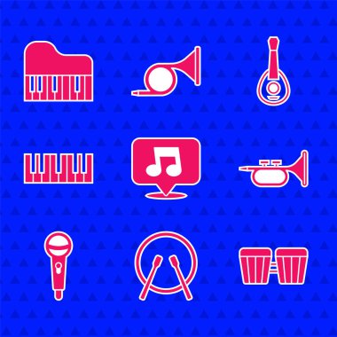 Set Müzik Notası, Ton, Davul ve Davul Çubukları, Trompet, Mikrofon, Sentezleyici, Gitar ve Büyük Piyano ikonu. Vektör