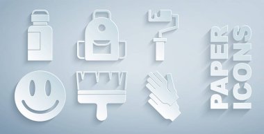 Boya fırçası, silindir, gülen surat, lastik eldivenler, okul çantası ve boya, guaj, kavanoz, boya ikonu. Vektör