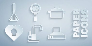 Su musluğu, yemek tenceresi, aşçı şapkası, mutfak vantilatörü, kızartma tavasında kızarmış yumurta ve ızgara spatula ikonu. Vektör