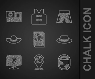 Set Passport, Location on the globe, Airplane window, Man hat with ribbon, Speech bubble airplane, Elegant women, Short pants and Action camera icon. Vector vector