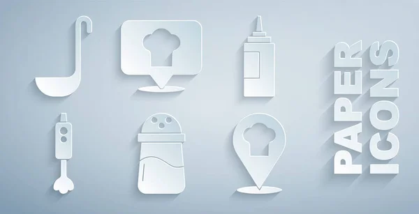 Set Salt, Sauce bottle, Blender, Chef hat with location, and Kitchen ladle icon. Вектор — стоковый вектор