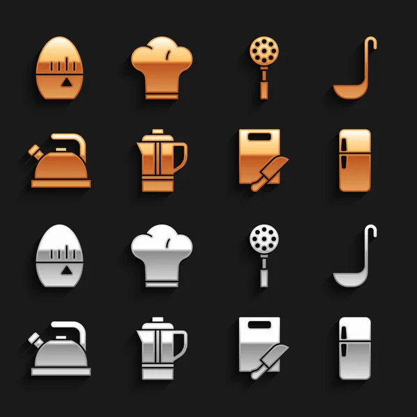 Teapot, Kitchen ladle, Refrigerator, Cutting board and knife, Kettle with handle, Spatula, timer and Chef hat icon. Vector — 스톡 벡터