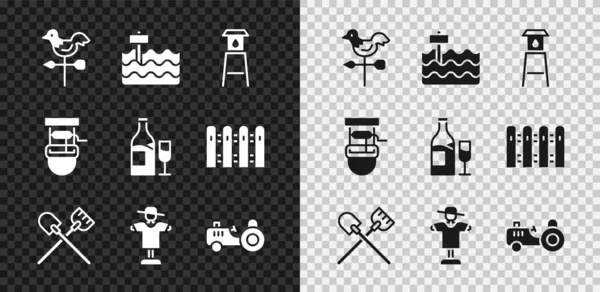 Set Rooster weersvaan, Tuinbed, Watertoren, Schep, Vogelverschrikker, Tractor, Goed met emmer en wijnfles glazen icoon. Vector — Stockvector