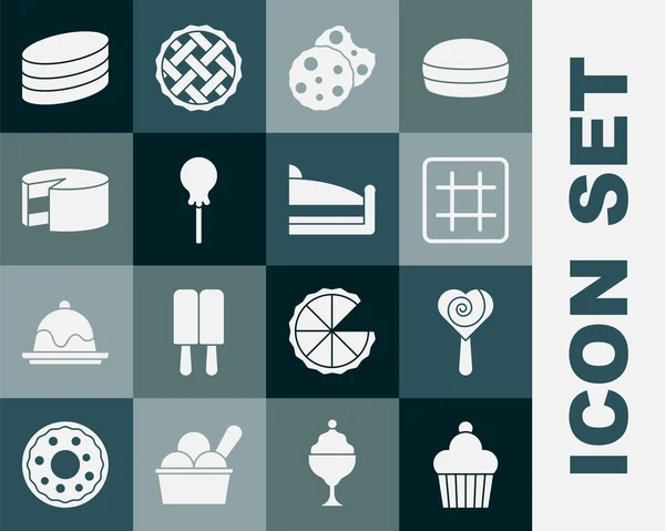 Set Cake, Lollipop, Waffle, Cookie atau biskuit, Brownie chocolate cake dan Piece of icon. Vektor - Stok Vektor