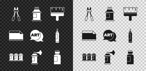 Bolt kesici, boya, gouache, kavanoz, boya, fırça, sprey kutusu, yapıştırıcı ve metin sanatları ikonlu konuşma baloncuğu ayarla. Vektör