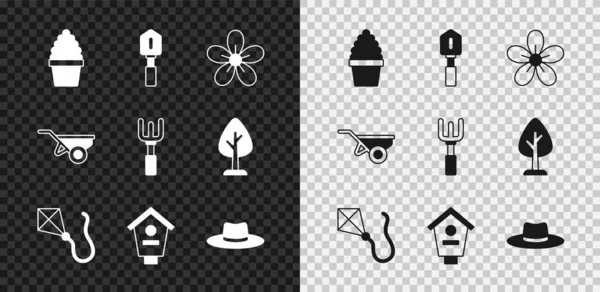 Set Cactus peyote in pot, Shovel, Flower, Kite, Bird house, Gardener worker hat, Wheelbarrow with dirt and rake icon. Vector — Stock Vector