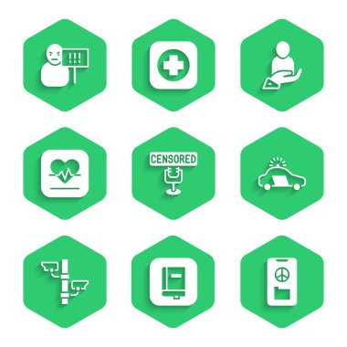 Sansürlü pul, hukuk kitabı, barış, polis arabası ve teşhirci, güvenlik kamerası, kalp atış hızı, hayat sigortası ve protesto ikonu. Vektör