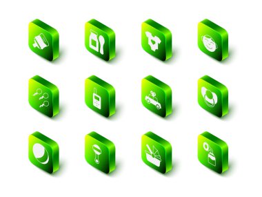 Şişede Yoğurt, bebek kıyafetleri, küçük çocuk kafası, emzik, meme pompası, oyuncak araba, bebek arabası ve oyuncak bebek oyuncağı ikonu. Vektör