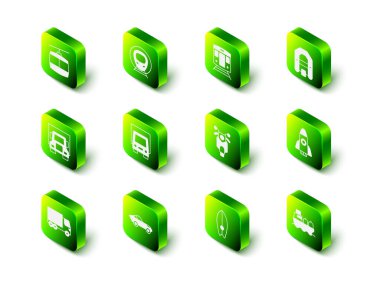 Tren ve demiryolu, Rafting botu, Roket gemisi, Petrol tankeri, Scooter, Sörf tahtası ve Araba ikonu. Vektör