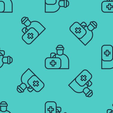 Siyah çizgi ilk yardım çantasının simgesi yeşil arkaplandaki pürüzsüz deseni izole etti. Haçlı sağlık kutusu. Acil durumlar için tıbbi ekipman. Sağlık sigortası konsepti. Vektör